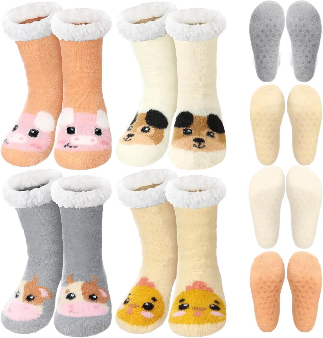 Berlune 4 Pairs Christmas Fuzzy Slipper Socks for Women Girl Grippers Plush Fleece Lining Non Slip Animal Winter Lover Gift (Pig, Chicken, Dog, Cow)