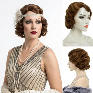 STfantasy Finger Wave Wig Short Curly Synthetic Hair for Women 1920s Cosplay Costume Halloween Party Daily Everyday Wear (Brown#27/33)