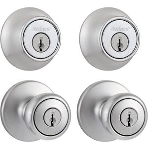 Kwikset Tylo Front Door Knob and Deadbolt Set, Entry Knob Combo Project Pack Exterior with Interior Door Knob, Satin Chrome, Pick Resistant SmartKey Rekey Deadbolt Security