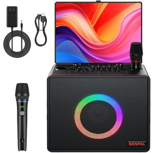 Smart Karaoke Machine with Lyrics Display, Built-in 14.0" Touch Screen, with Bluetooth Party Speaker and Two Wireless Mics, Portable PA System for Home Outdoor Party (Large)