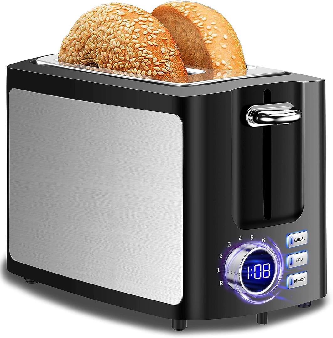 Toaster 2 Slice Wide Slot Toaster Best Rated Prime Displav Smart Toasters with LCD Digital Countdown Timer and Bagel/Defrost/Cancel/Reheat Function (Black)