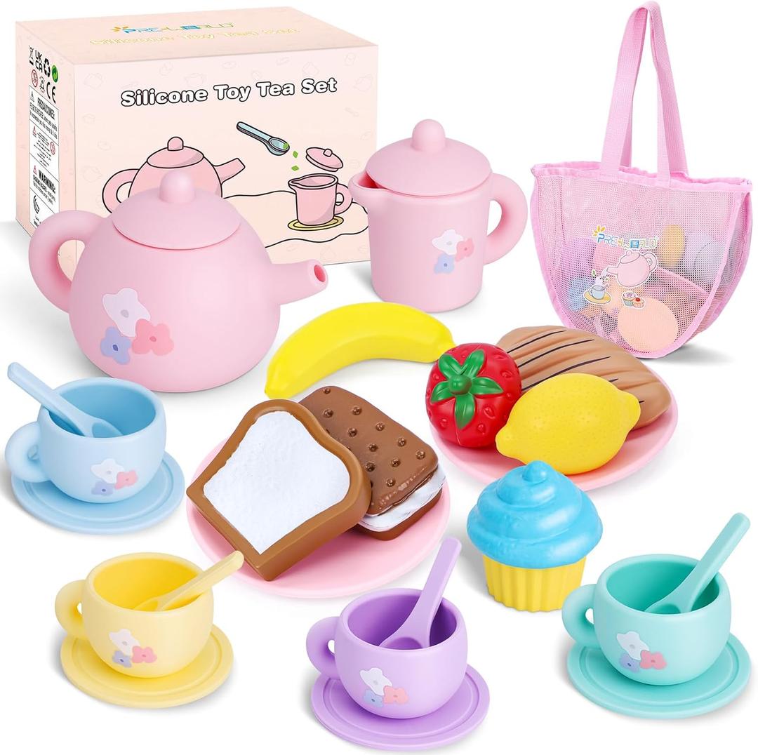 Silicone Tea Party Set for Little Girls,PRE-WORLD 27PCS Toys Toddler Tea Set with Play Food Dessert Cookies,Doughnut,Cake,Carrying Bag,Kids Kitchen Pretend Role Gifts for Girls Boys Age 3 4 5 6
