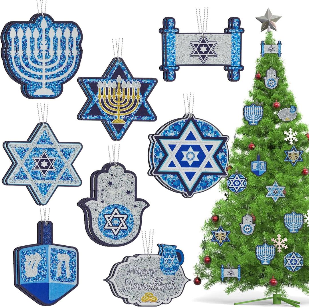 Yalikop 24 Pieces Hanukkah Ornaments for Tree, White Blue Happy Hanukkah Ornaments, Chanukah Christmas Tree Menorah Star of David Wood for Holiday Decoration Jewish Christmas Party Gifts
