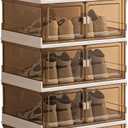 5-Pack Premium Amber Clear PET Shoe Boxes, XL Foldable Sneaker Display & Storage Organizer, Magnetic Door, Double Capacity Fits 2 Pairs Up to Mens US Size 14, Stackable for Closet Bedroom Entryway