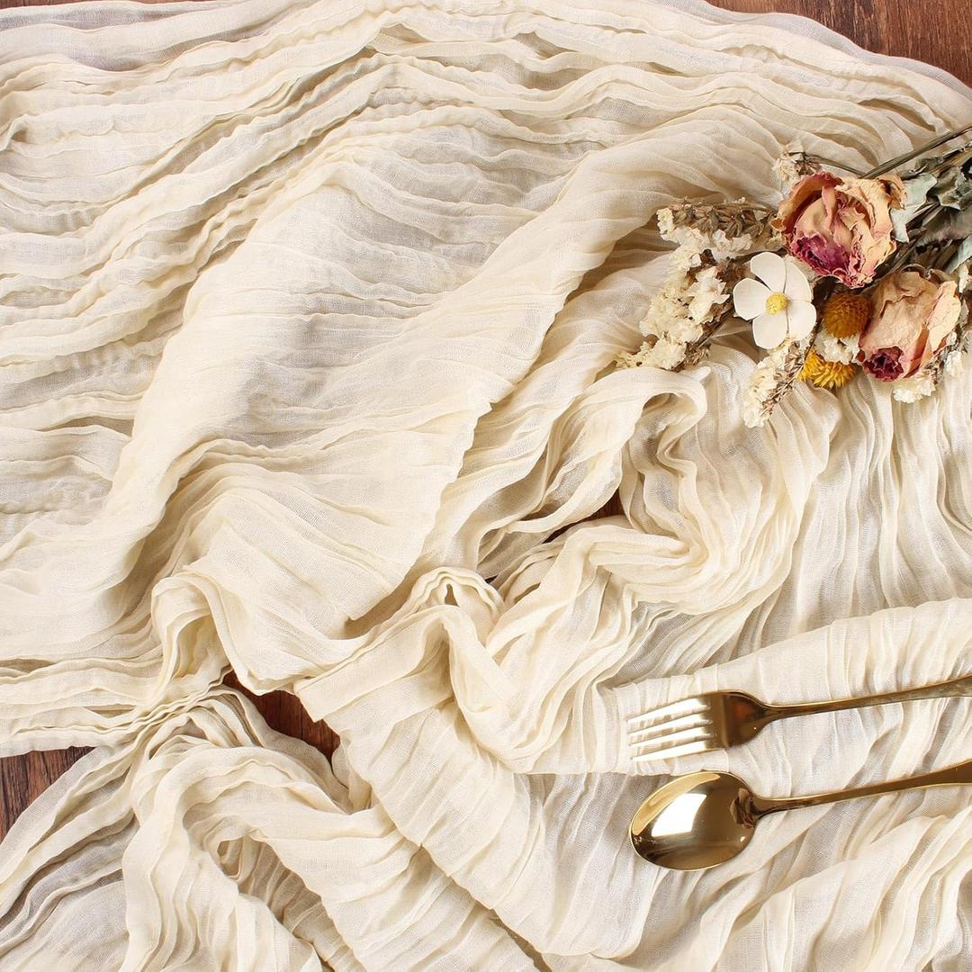 Cream Cheesecloth Table Runner 10FT Rustic Gauze Cheese Cloth Table Decorations 120 Inch Sheer Fabric Table Runners for Baby Bridal Shower Birthday Party Home Decor
