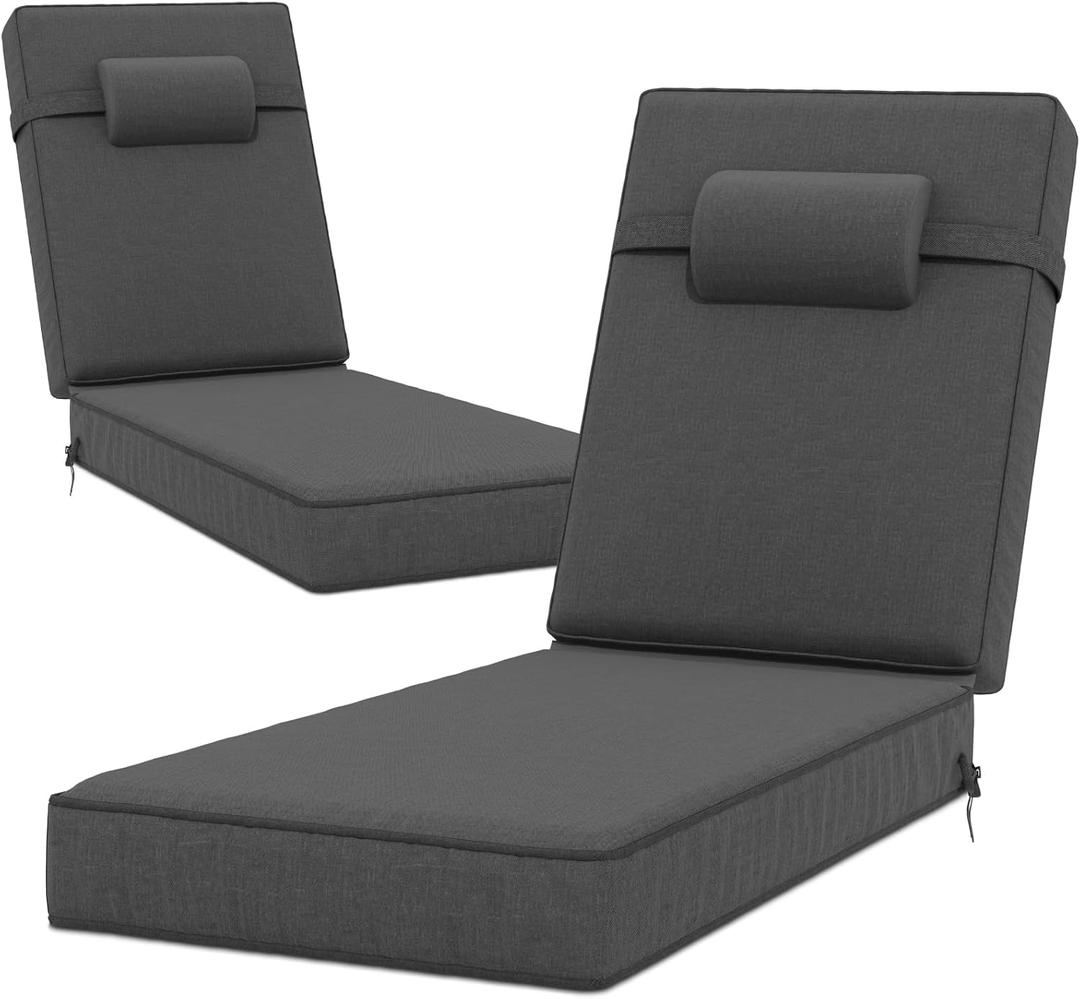 80 x 26 x 4 Inch Olefin Chaise Lounge Cushions, Lounge Chair Cushions with Headrest for Outdoor Furniture - Weather and Fade Resistant Patio Replacement Furniture Lounge Chair Cushion Set of 2