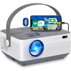 FANGOR WiFi Projector Bluetooth 8400mAh Battery, Rechargeable Portable Home Projector, 1080P Supported Movie Projector with Sync Smartphone Screen via WiFi/USB Cable, Compatible with iPhone, Laptop