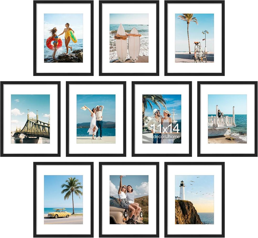 decorUhome 11x14 Picture Frame Set of 10, Display Photos 8x10 with Mat or 11x14 Unmatted for Picture Frames Collage Wall Decor, Black
