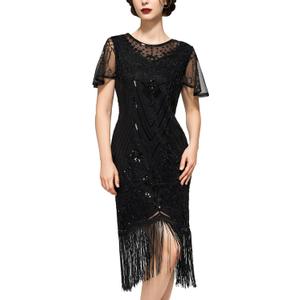 SWEETV Flapper Dresses 1920s Dresses for Women,Crew Neck Great Gatsby Dresses with Sleeve Roaring 20s Dress for Harlem Nights (Large, Black)