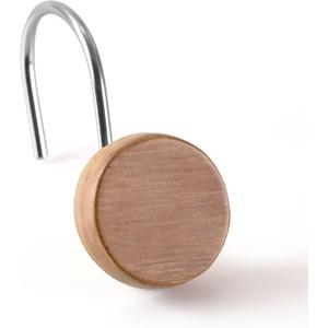 Brown Farmhouse Shower Curtain Hooks - Rustic Resin Wood Grain Button Decorative Hooks Rustproof Stainless Steel Rings - Country Boho Bathroom Accents for Neutral Earthy & Nature-Inspired Décor