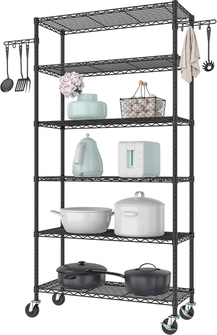 6-Tier Metal Storage Rack with Wheels, Sturdy Adjustable Wire Shelving Unit Rolling Shelf for Garage, Kitchen, or Pantry, 36" W x 14" D x 75" H, Black
