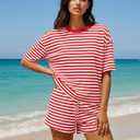 Women's 2 Piece Striped Lounge Set Wide Leg Shorts Pajamas Set Crew Neck Short Sleeve T-Shirt, Summer Two Piece Matching Outfits, Loungewear Medium