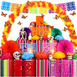 66 Pcs Day of the Dead Altar Set Marigold Flower Arch Dia De Muertos Tablecloth Flameless LED Candle Paper Fan Butterfly Mexican Papel Picado Banner Supplies(Multicolor)