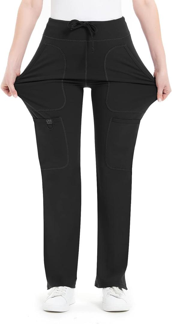 QBK Yoga Scrub Pants Women Mid Rise Yoga Work Pants- Five Pocket Cargo Scrub Pant (X-Large, Black)