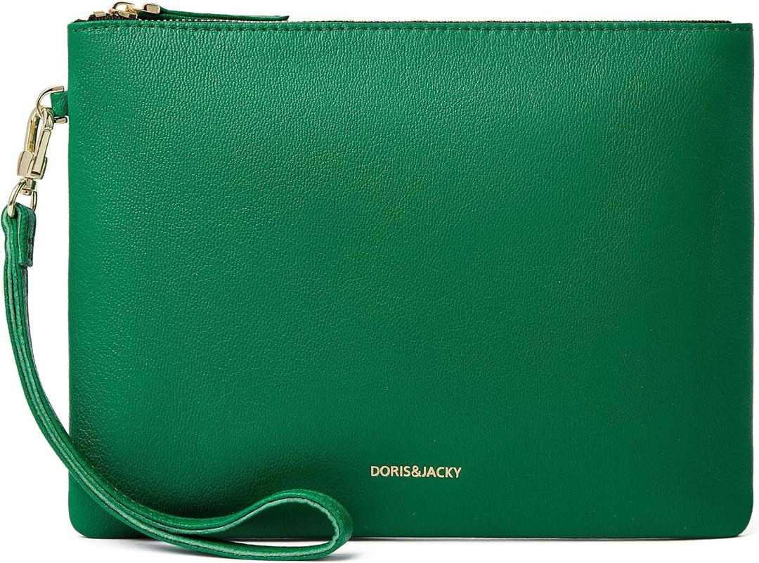 DORIS&JACKY Lambskin Leather Wristlet Clutch Purse For Women Large Soft Designer Wallet With Strap