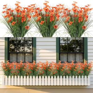 12 Bundles Artificial Flowers for Outdoors Fake Silk Flowers UV Resistant No Fade Plastic Flowers for Spring Summer Outside Garden Porch Window Box, Indoor Table Vase Home DecorSunset Red (Orange)