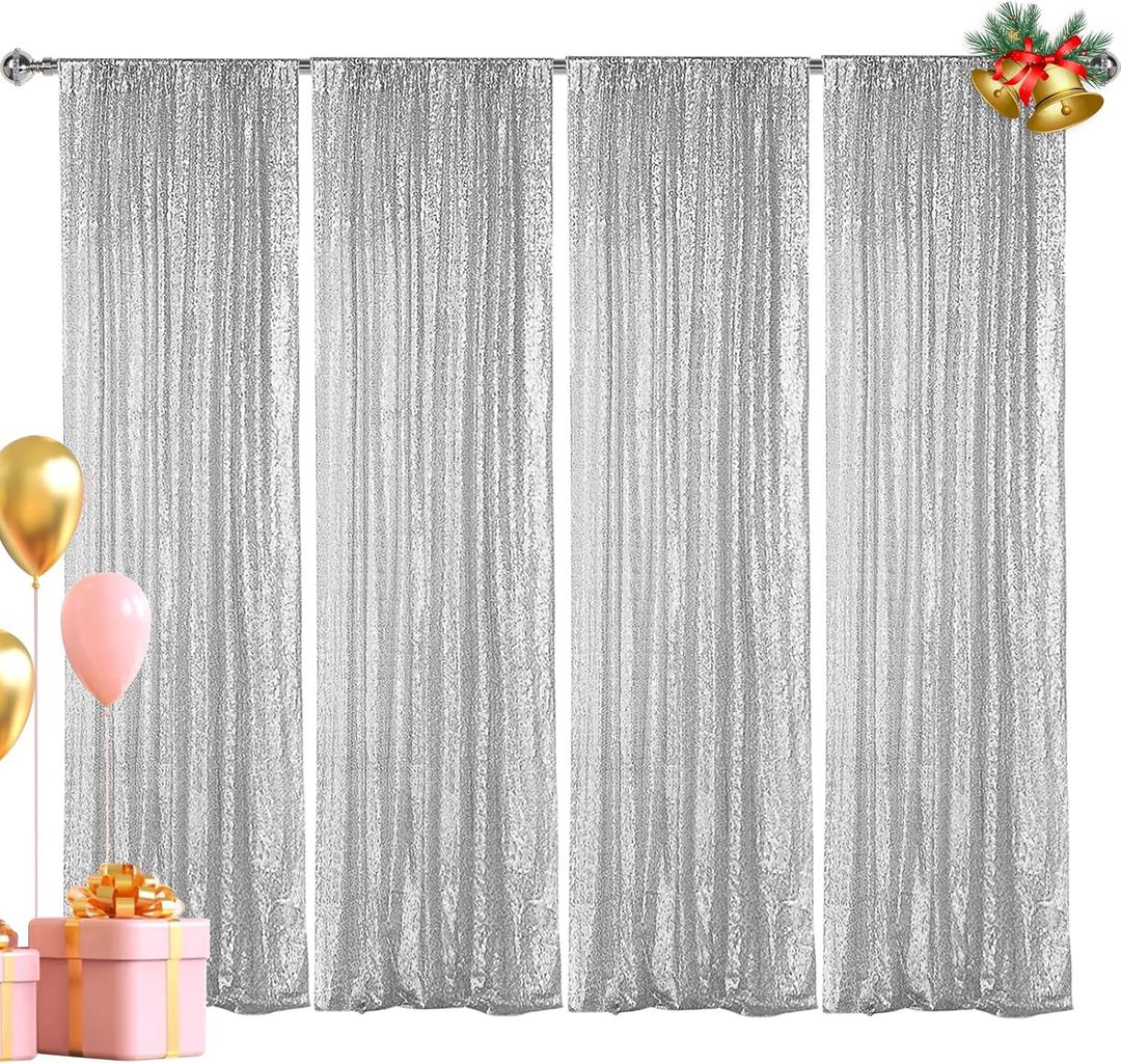 Hahuho Silver Sequin Backdrop Curtain, 4PCS 2FTx8FT Glitter Backdrop Curtain for Parties, Christmas, Wedding, Party Decoration4 Panels, 2FT x 8FT, Silver