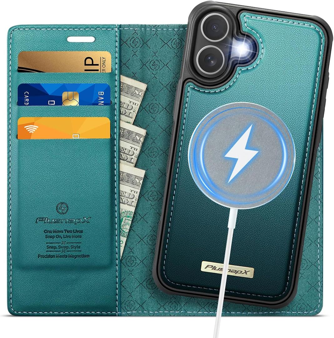 Wallet Case for iPhone 17 Compatible with Magsafe, 2-in-1 PU Leather Flip RFID Blocking Card Holder Stand Shockproof Magnetic Detachable Cover for iPhone 17 Case 6.3", Bluegreen