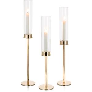 NUPTIO Gold Taper Candle Holders: Set of 3 Tall Hurricane Candlestick Holder with Open Ended Clear Glass Covers Long Stem Metal Candle Stick Stand for Fall Thanksgiving Christmas Table Decor (23.6 & 21.7 & 19.7 in)