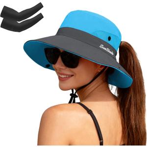 Women's Ponytail Safari Sun Hat,Wide Brim UV Protection Bucket Hat | Foldable Fishing Hat,Summer Hats,Ventilation Mesh,Breathable,Soft Sweatband,Travel, Summer, Hiking, Gardening, Beach, Outdoor