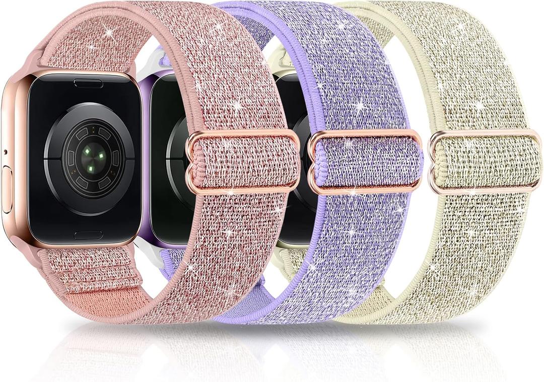 3 Packs Shiny Stretchy Bands Compatible with Apple Watch Band 49mm 38mm 40mm 41mm 42mm 44mm 45mm, Nylon Adjustable Sport Solo Loop Women Replacement Straps for iWatch Series Ultra 8 7 6 5 4 3 2 1 SE