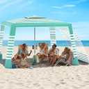 Rhino Valley Beach Cabana, 8 * 8FT Beach Tent UPF50+ Protection, Easy Setup Beach Canopy Wind Resistant with Cup Holder, Compact Beach Shade Foldable Beach Tent Sun Shelter, Green White