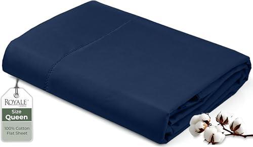 Royale Linens 100% Organic Cotton Queen Flat Sheet Only - Super Soft - Percale Top Sheets - Queen Flat Sheet Sold Separately - Breathable, Cool & Crisp Navy Sheets Only (90" x 102", Navy)