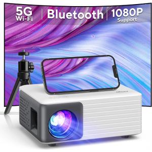 Mini Projector with WiFi and Bluetooth, AKIYO 1080P Supported Projector with Projector Stand, Portable Movie Projector for Home Theater/Outdoor, Compatible with iOS/Android/Laptop/TV Stick/HDMI/PS5