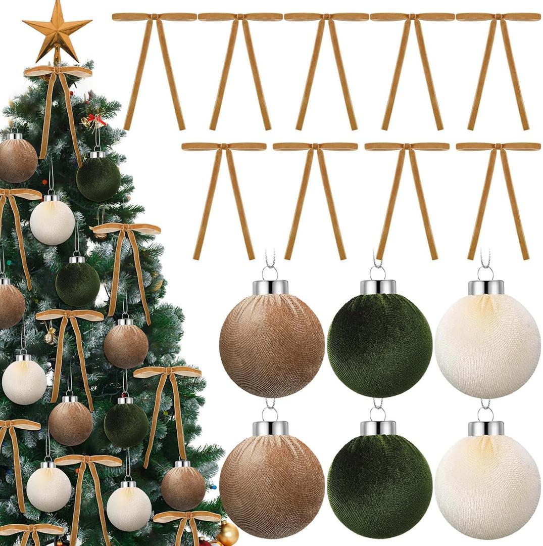 Brown Velvet Christmas Ornaments Set, 24 Pcs Christmas Tree Bows 5 x 7 Inch and 6 Pcs Small Velvet Christmas Balls for Door Wreath Decor Party Xmas Decorations