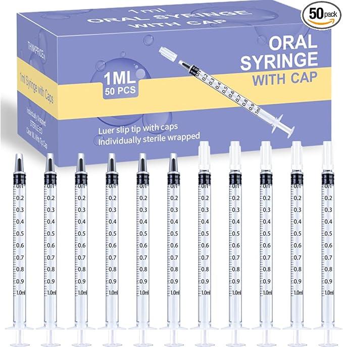 50 Pcs 1ml Syringes with Caps Oral Dispenser Individually Sterile Warpped for Medicine Dropper, Colostrum Collect Feeding Pets, Liquid