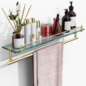 24-Inch Towel Rack with Shelf -Tempered Glass Bathroom Shelf with Towel Bar - Brushed Gold Modern Stainless Steel, Wall Mount Rustproof Tower Holder