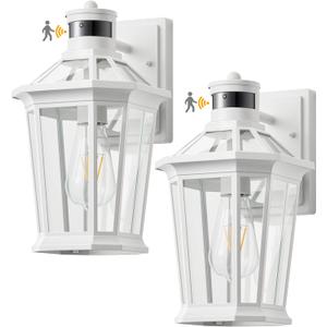 VIANIS Motion Sensor Outdoor Light Fixtures Wall Mount, 2 Pack White Dusk to Dawn Exterior Wall Lantern, Anti-Rust Wall Mount Lighting with Clear Glass Shade for House, Entryway, Front Door