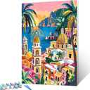 Seaside Island Town Scenery Paint by Number Kits 16 x 20 inch Canvas Greece Islands Sunset Landscape DIY Oil Painting for Students Adults Beginner with Brushes and Acrylic Pigment (without Frame)