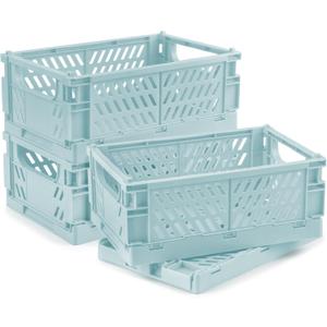 4 Pcs Collapsible Storage Crates, 10x6.5x4 inches Space-Saving Folding Containers, Stackable Plastic Boxes for Home Kitchen Office Bedroom Bathroom, Light Blue, Medium