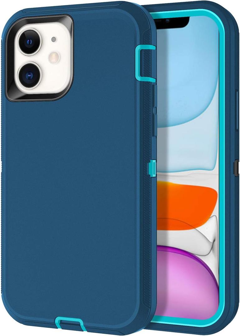 iPhone 13 Case Shockproof Dust/Drop Proof 3-Layer Full Body Protection [Without Screen Protector] Rugged Heavy Duty Cover Case, Turquoise Case for iPhone 13, with Glass