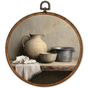KSDUT Vintage Kitchen Wall Decor Art - Retro Food Still Life Country Wall Art Canvas Frame Hanging Prints, Rustic Sourdough Bread Round Wall Art Decor for Home Farmhouse Kitchen Decorations 10"x10",  bread-2