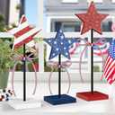 4th of July Tiered Tray Decor Wooden Star Set, 3 Pcs Memorial Day Table Decorations, Rustic Patriotic Tabletop Home Decor, Red White and Blue Decorations for Home (Shiny)