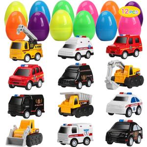 CUTE STONE 12 Pack Filled Easter Eggs with Alloy Pull Back Cars, Easter Basket Stuffers Easter Party Favors for Kids