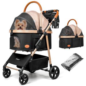 Dog Cat Stroller for Small/Medium Pets up to 50 lbs, 3-in-1 Foldable Pet Stroller with Detachable Carrier, Car Seat, Storage Basket, Cup Holder, Hanging Bag, Rain Cover, All-Terrain 4 Wheels (Khaki)