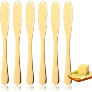 JASHII 6-pieces Stainless Steel Spreader Knife, Shiny Peanut Butter Knives Butter Knife Spatulas Spreader and Curler for Spreads Butter Cheese and Condiments - Gold