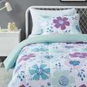 Amazon Basics 2-Piece Soft, All-Season Microfiber Kids' Comforter and Pillow Sham Set, Twin, Purple Flowers, Bluish Pink