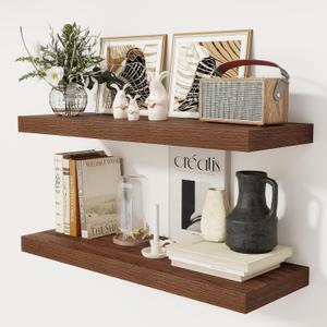 Floating Shelves 36 Inch Long, 12 Inch Deep Floating Shelves for Wall, 36 x 12 Shelves for Wall Storage & Display, 2" Thick Floating Shelf for Bathroom, Living Room, Bedroom, Walnut Color, Set of 2, 36"W x 12"D, 2 Pack