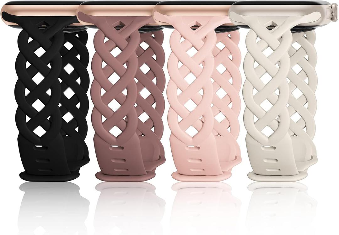 iWabcertoo Slim Silicone Bands for Apple Watch Band 40mm 38mm 41mm 42mm 44mm 45mm 49mm Braided Lace Thin Wristbands for iWatch SE Series 8 7 6 5 4 3 2 1, Black/Starlight/Violet Smoke/Sand Pink