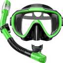 Snorkel Set Adults Snorkeling Gear Anti-Fog Panoramic View Swim Mask Dry Top Snorkel Kit with Carry Bag for Snorkeling Scuba Diving Swimming Travel (Grass Green+Black)