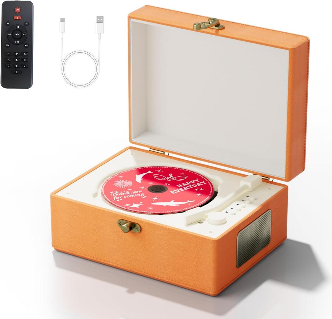 Time Music Box CD Player with Speakers; Bluetooth Transmitter; Festival Gift; BGM Player for Home Decor (Orange)