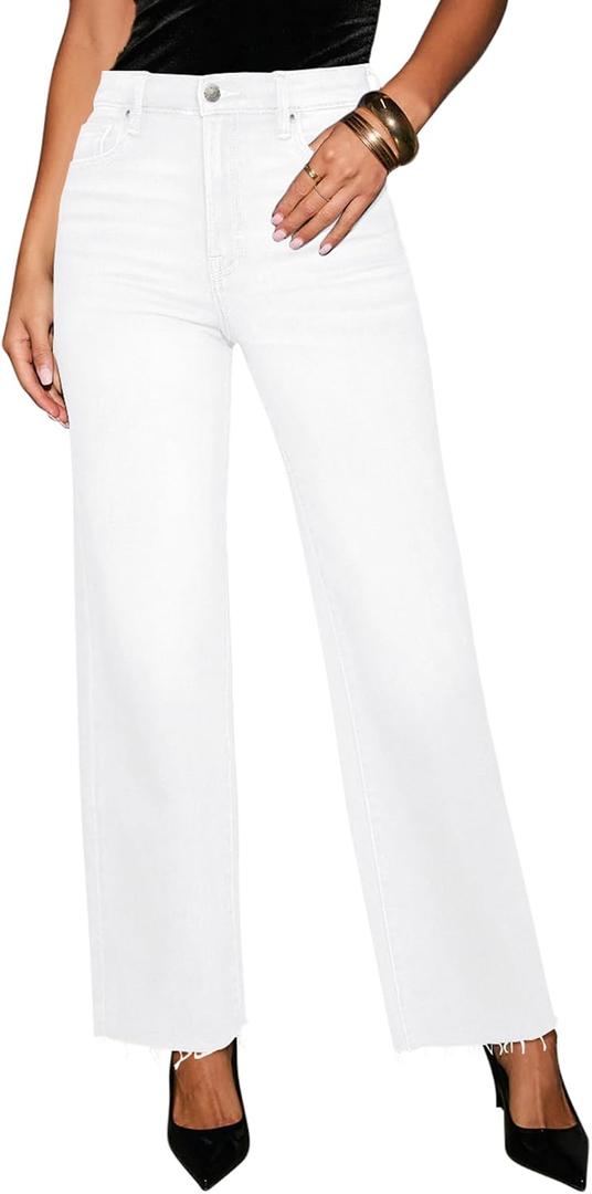 Yewfirm Wide Leg Cropped Jeans for Women White High Waisted Jeans Straight Leg Womens Mid Rise Tummy Control Pants Frayed Hem Baggy Jean Size 10