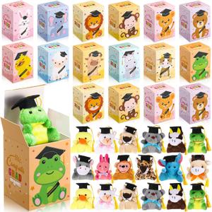 Arrowbash 24 Sets Mini Graduation Stuffed Animal Plush Toy with Gifts Box, Preschool Kindergarten Graduation Gifts Bear Animals with Cap for Class of 2026 Congrats Grad Exchange Gift Party School