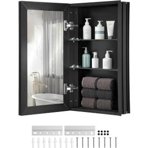 VEVOR Medicine Cabinet, 14 x 24 inches, Medicine Cabinet for Bathroom with Mirror, Aluminum Frame Bathroom Wall Cabinet, 2-Layer Adjustable Shelves, Recessed & Wall-Mounted Installation