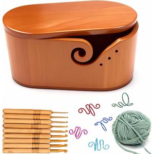 Large Oval Wooden Yarn Bowl Set  Portable Crochet Bowl with 9 Knitting Hooks + 5 Hooks + Yarn Ball, Complete Holiday Gift for Beginners & Enthusiasts Mother's Day gift (Walnut color)