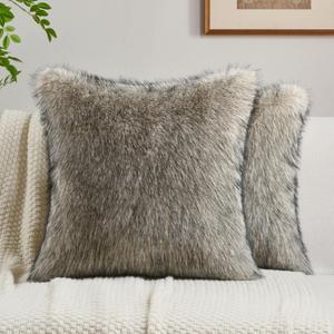 FUTEI Pack of 2 Faux Raccoon Fur Plush Throw Pillow Covers 18x18 Inch Soft Fluffy Farmhouse Decorative Cushion Case Modern Luxury Accent for Couch Bed Living Room, Apricot